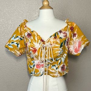 Miss Lili Floral Tropical Print Puff Sleeve Off the Shoulder Tie Up Crop Top